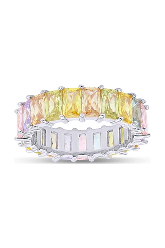 18K White Gold Plated Emerald-Cut Multi Color AAA Created-Gemstone Eternity Ring Rainbow Ring Size-5