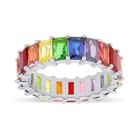 AFFY 18K White Gold Plated Emerald-Cut Multi Color AAA Created-Gemstone Eternity Ring Rainbow Ring Size-8