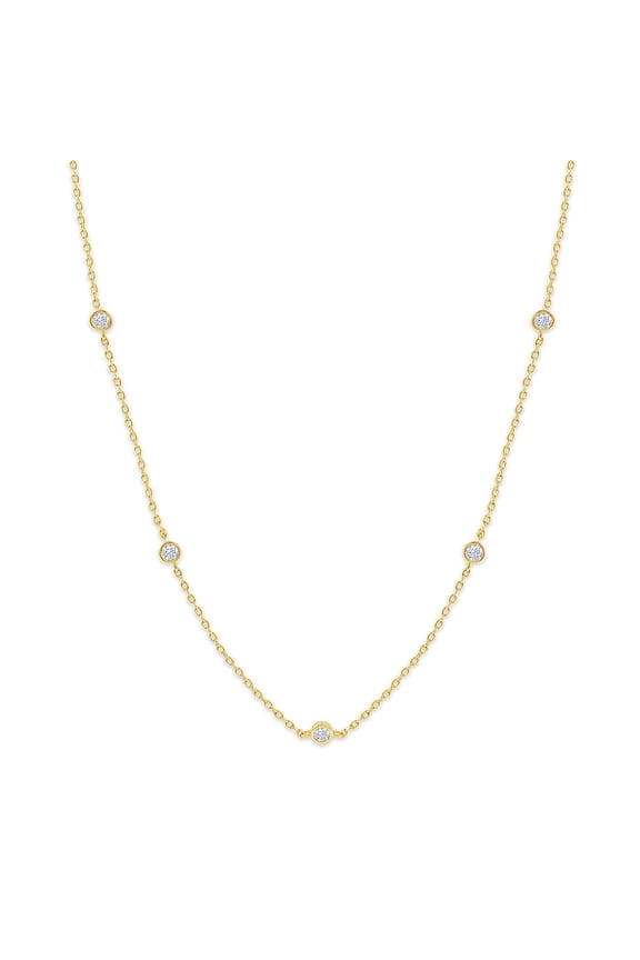 18K Yellow Gold Plated Five Stone Station Necklace for Women | 1/2 ctw Lab Created Moissanite Bezel-Set Choker Necklace 15"+3” Adjustable Chain (0.50 Ctw)