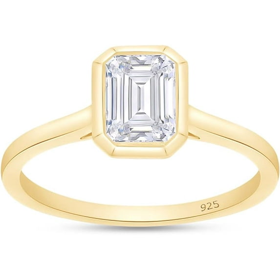 AFFY 1CT Emerald Moissanite Diamond Solitaire Engagement Ring for Women 14K Yellow Gold over Silver-7.5