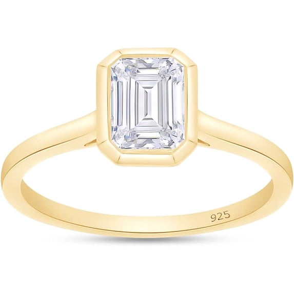 AFFY 1CT Emerald Moissanite Diamond Solitaire Engagement Ring for Women 14K Yellow Gold over Silver-9.5