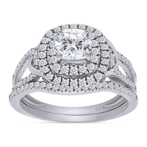 AFFY 1CT Moissanite Diamond Double Halo Split Shank Wedding Bridal Ring Set in 14K White Gold over Silver-4