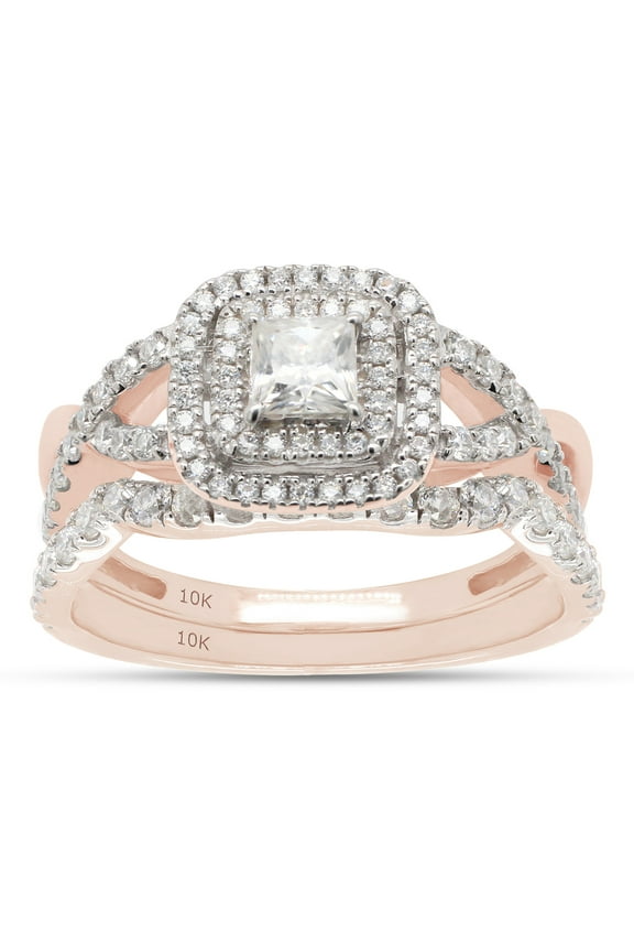 1CT Princess & Round Moissanite Diamond Infinity Double Halo Bridal Ring Set 10K Rose Gold-4