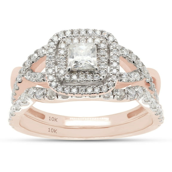 AFFY 1CT Princess & Round Moissanite Diamond Infinity Double Halo Bridal Ring Set 10K Rose Gold-7.5