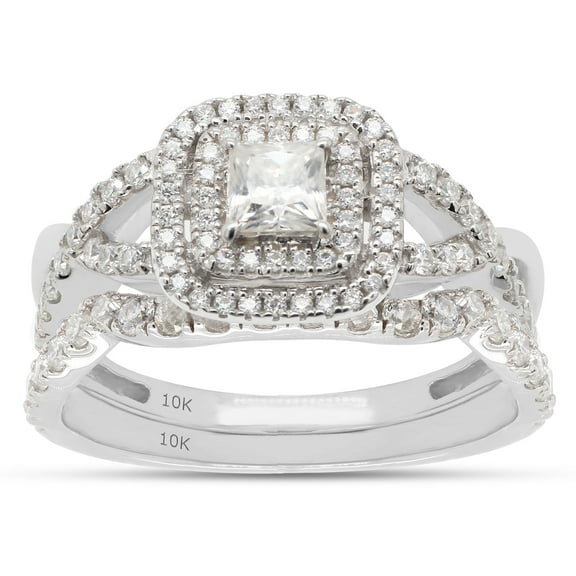 AFFY 1CT Princess & Round Moissanite Diamond Infinity Double Halo Bridal Ring Set 10K White Gold-8.5