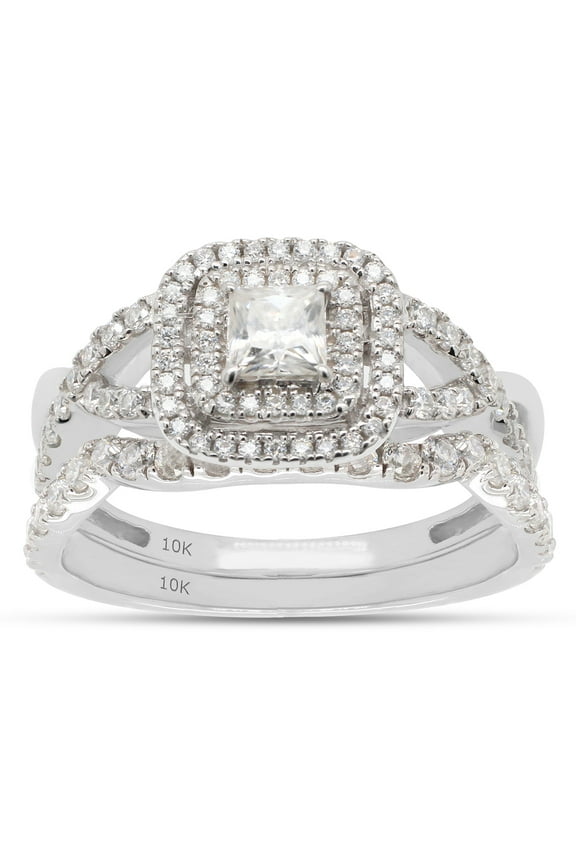 1CT Princess & Round Moissanite Diamond Infinity Double Halo Bridal Ring Set 10K White Gold-9.5