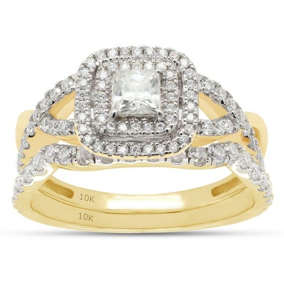 AFFY 1CT Princess & Round Moissanite Diamond Infinity Double Halo Bridal Ring Set 10K Yellow Gold-4.5