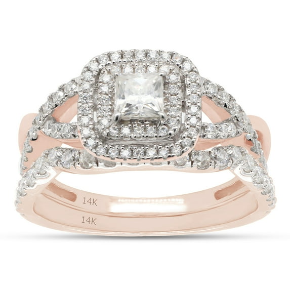 AFFY 1CT Princess & Round Moissanite Diamond Infinity Double Halo Bridal Ring Set 14K Rose Gold-6