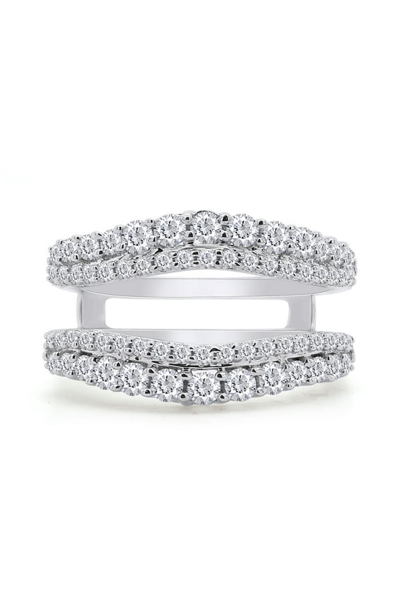1CT Round Cubic Zirconia Double Row Pave Set Curved Enhancer Guard Ring 14K White Gold over Silver-5