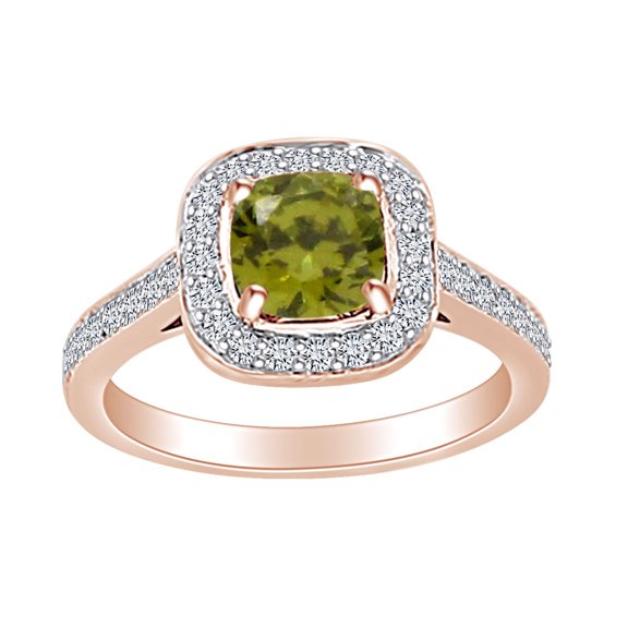 AFFY 2.10 Carat (Ctw) Simulated Peridot & White Natural Diamond Cluster Engagement Ring In 14k Solid Rose Gold Ring Size-5.5