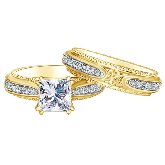 AFFY 2.29 Carat Princess Cut Moissanite & Natural Diamond Bridal Set Ring 14K Solid Yellow Gold Ring Size-10