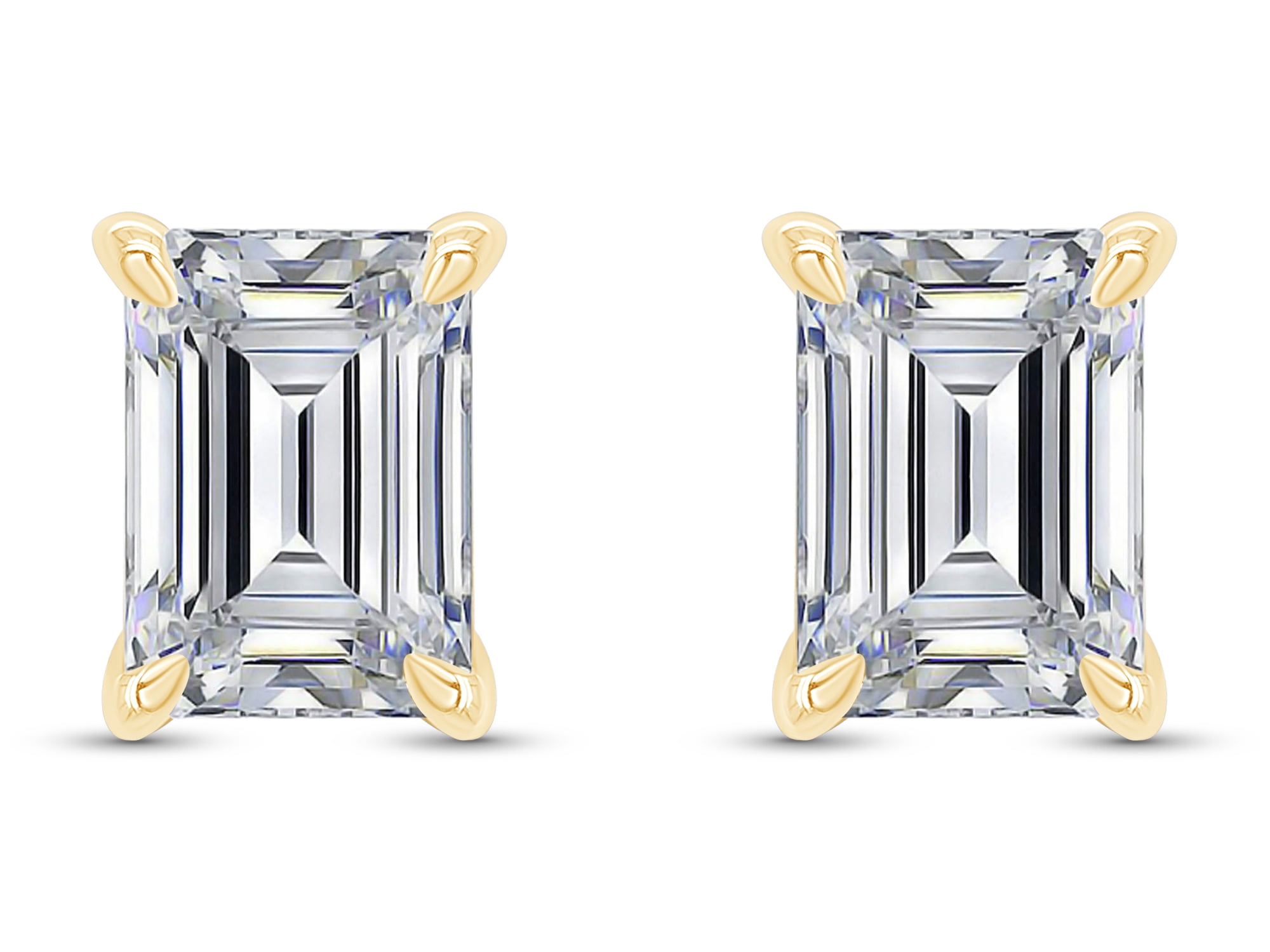AFFY 2 Carat Emerald Cut Moissanite Solitaire Stud Earrings for Women 18K Yellow Gold over Silver