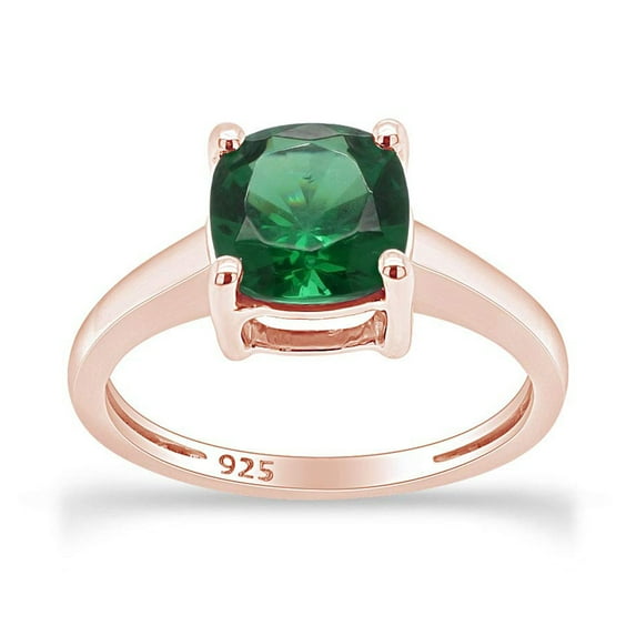 AFFY 2CT 7MM Cushion Simulated Green Emerald Solitaire Ring for Women 14K Rose Gold over Silver-7