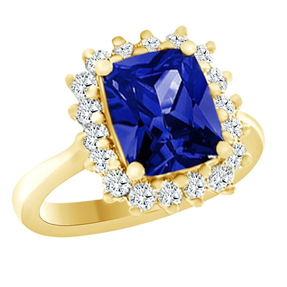 AFFY (3.08ct) Simulated Blue Tanzanite & White Diamond Halo Engagement Ring In 14k Yellow Gold With Ring Size 4.5