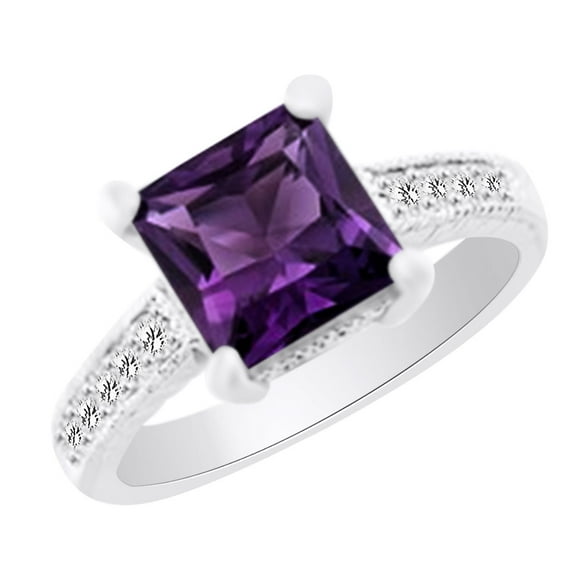 AFFY (3.2 cttw) Simulated Amethyst & White Natural Diamond Vintage Style Engagement Wedding Ring In 14k White Gold With Ring Size 13.5