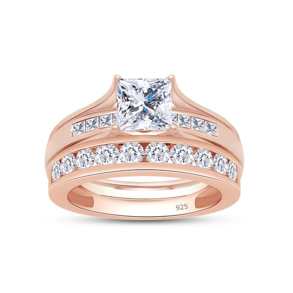 AFFY 3.25CT Princess & Round White Cubic Zirconia Trio Band Ring Set 14K Rose Gold over Silver-8