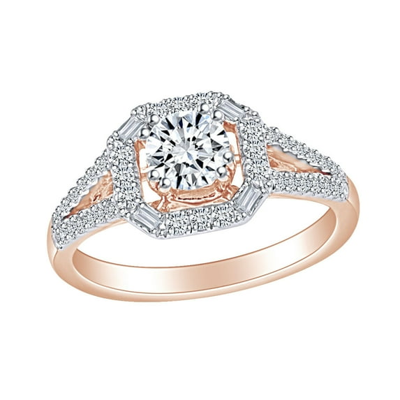 AFFY 3/4 Carat Round & Baguette Cut White Natural Diamond Engagement Wedding Ring In 10k Solid Rose Gold (0.75Cttw) Ring Size-6