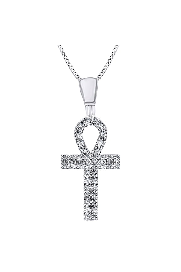 3/4 Carat Round Shape White Natural Diamond Ankh Cross 10k Solid White Gold Pendant Necklace (0.75 Cttw)