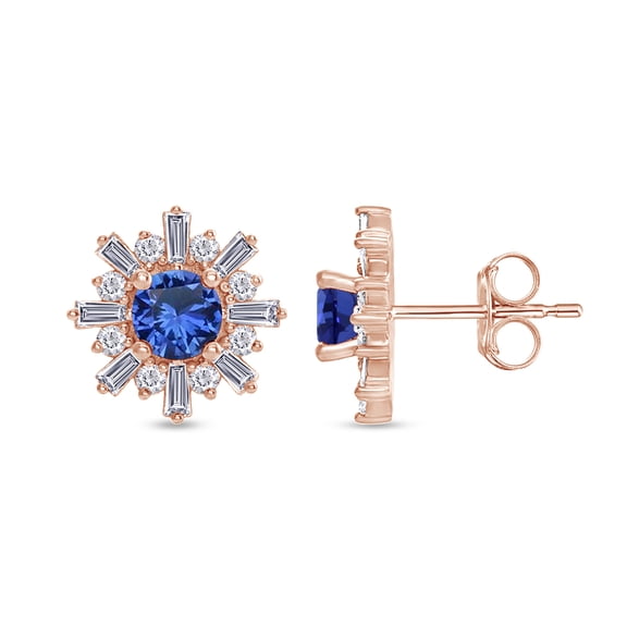 AFFY 3/4 Cttw Natural Round & Baguette Cut Diamond With Simulated Blue Sapphire Halo Flower Design Stud Earrings In 14K Rose Gold Over Sterling Silver (0.75 Cttw, I-J Color)