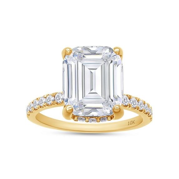 AFFY 3.50CT Center Emerald Moissanite Diamond Engagement Ring for Women 10K Solid Yellow Gold-6.5
