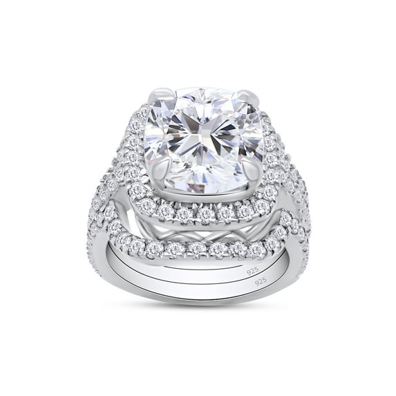 AFFY 3.50CT Cushion & Round Moissanite Diamond Halo Bridal Rings Set 14K White Gold over Silver-11.5
