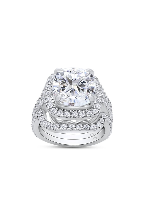 3.50CT Cushion & Round Moissanite Diamond Halo Bridal Rings Set 14K White Gold over Silver-4