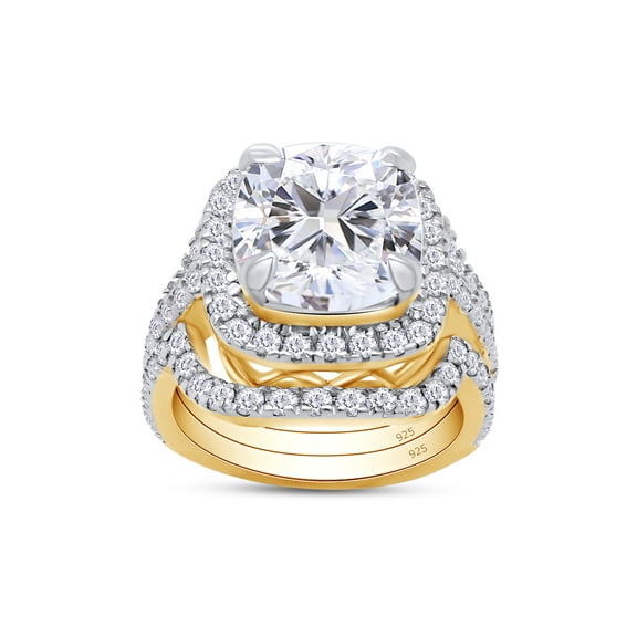 AFFY 3.50CT Cushion & Round Moissanite Diamond Halo Bridal Rings Set 14K Yellow Gold over Silver-5.5