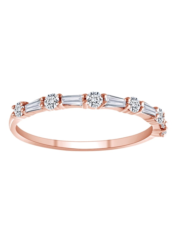 3/8 Carat Baguette & Round White Natural Diamond Stackable Band Ring In 10K Solid Rose Gold-Ring Size-8.5