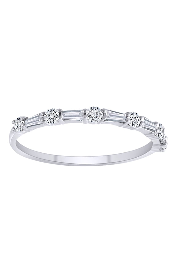 3/8 Carat Baguette & Round White Natural Diamond Stackable Band Ring In 10K Solid White Gold-Ring Size-5