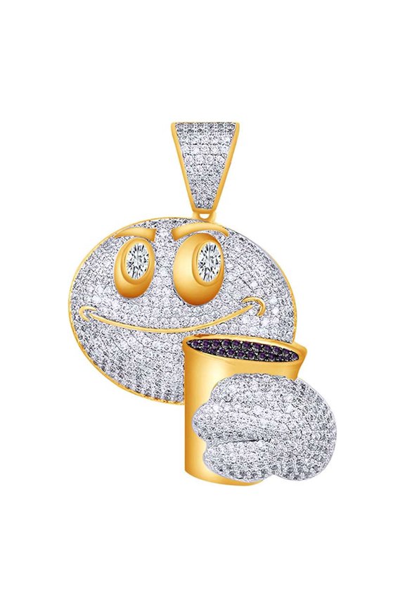 3 Carat(Ctw) Round White Natural Diamond & Simulated Amethyst Drunk Emoji Hip Hop Pendant 14k Solid Yellow Gold