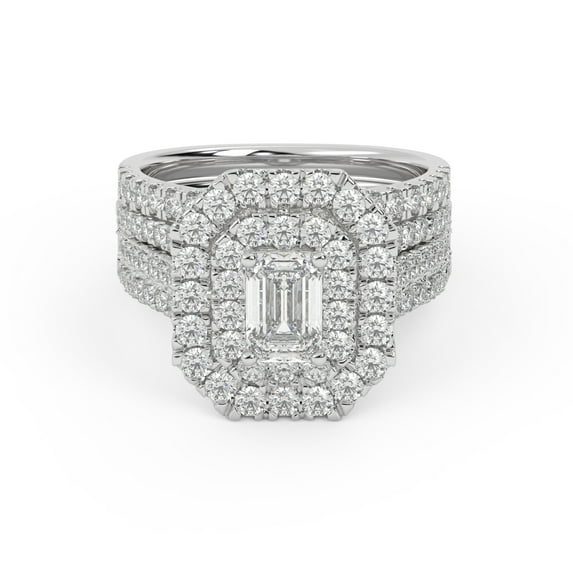 AFFY 3 Row Double Halo Bridal Set Ring for Women, IGI Certified 2.10 Carat (ctw) Emerald Cut Lab Grown Diamond Engagement Wedding Ring In 18k Solid White Gold F-G, VS-SI Quality Ring Size-5.5