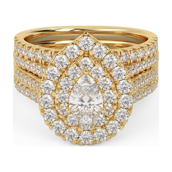 AFFY 3 Row Double Halo Teardrop Bridal Set Ring for Women, 2 Carat (ctw) Pear Cut Lab Grown Diamond Engagement Wedding Ring In 10K Solid Yellow Gold F-G, VS-SI Quality Ring Size-7