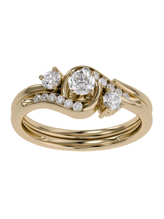 3 Stone Bypass Bridal Set Rings for Women, 0.50 Carat (ctw) Lab Created Moissanite Engagement Wedding Ring In 14k Yellow Gold Plated 925 Sterling Silver Jewelry for Her Size 7.5