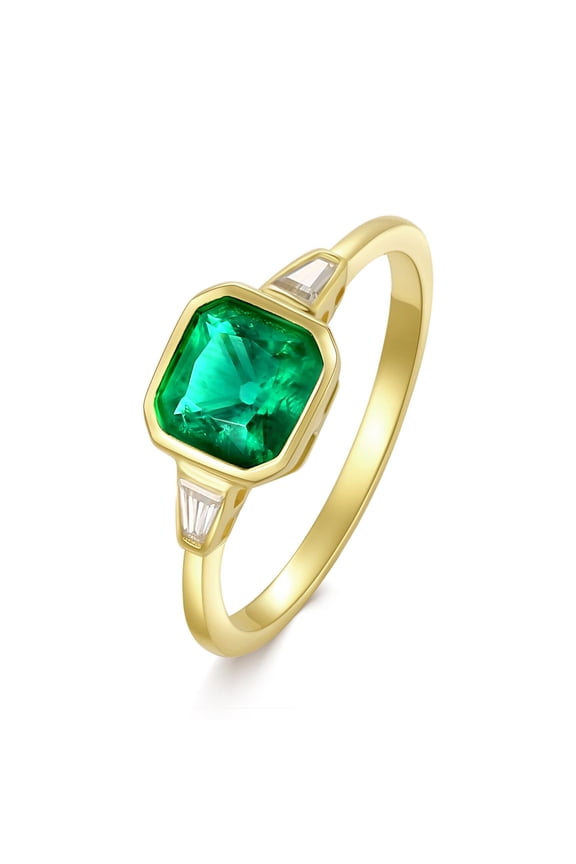 3 Stone Engagement Ring, 6X6MM Asscher Shape Zambian Emerald Lab Grown Gemstone & Created Moissanite Wedding Rings In 14K Yellow Gold Over Sterling Silver (0.95 Cttw) Size-7