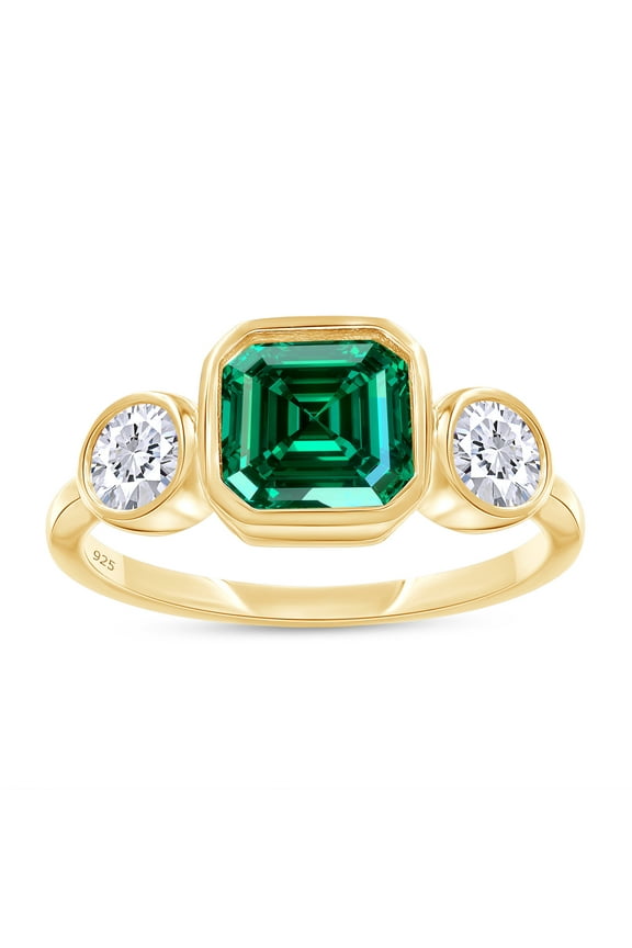 3 Stone Engagement Ring for Her, 6X6MM Asscher Shape Zambian Emerald Lab Grown Gemstone & Moissanite Wedding Promise Ring for Women In 14K Yellow Gold Over Sterling Silver (1.30 Cttw)-9