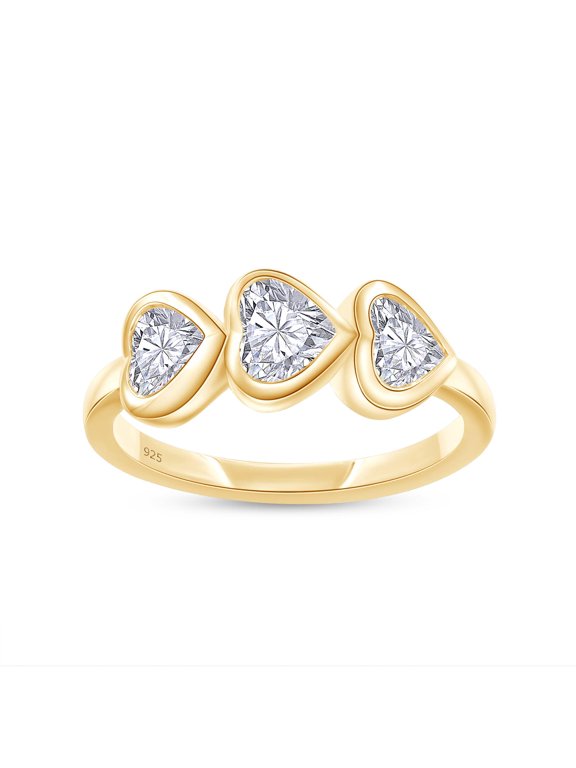 3-Stone Engagement Ring For Women, 4.5X5MM Heart Shape Lab Grown Diamond Promise Ring In 14K Yellow Gold Over Sterling Silver (Color: G-H, Clarity: VS-SI, 1.00 Cttw) Ring Size-9