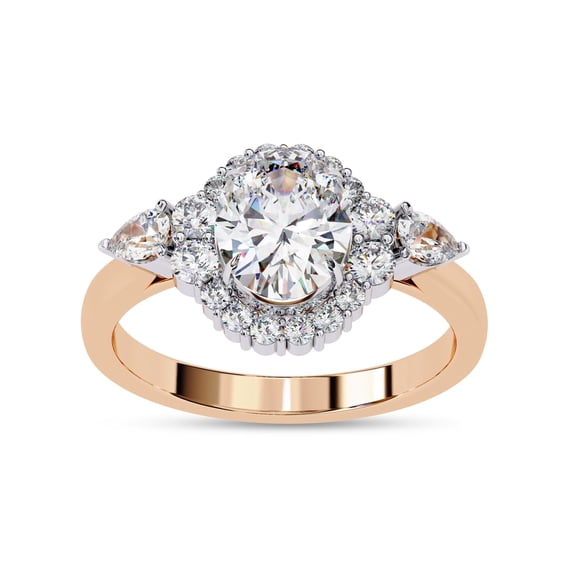 AFFY 3 Stone Halo Solitaire Engagement Rings for Women Center 8x6mm Oval Cut Lab Created Moissanite Wedding Anniversary Ring in 14K Rose Gold Plated 925 Sterling Silver Size-4