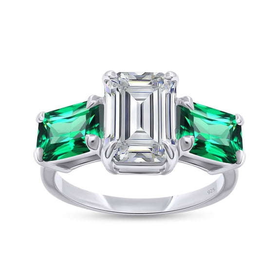 AFFY 3-Stone Ring for Women, Emerald Cut Lab Created Moissanite & Green Emerald Lab Grown Gemstone Birthstone Engagement Ring | Promise Ring for Her in 10K Solid White Gold-7.5