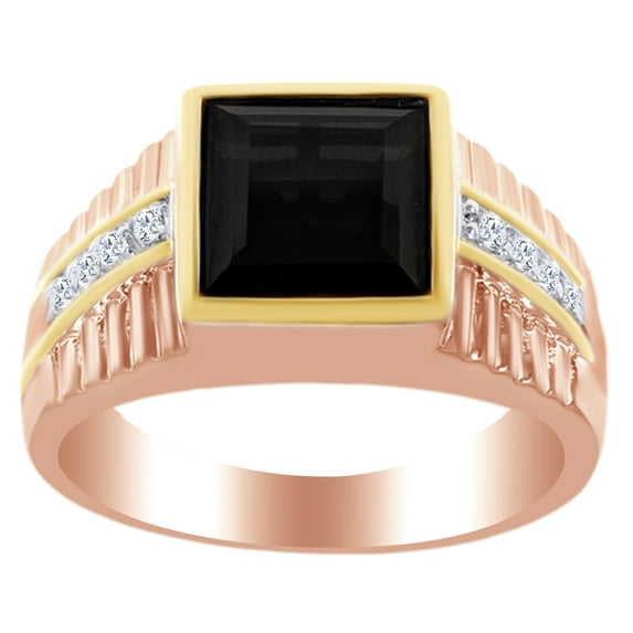 AFFY 5.89 Ct Square Cut Black Cubic Zirconia & Simulated White Topaz Two-tone Men's Ring in 14k Rose Gold Over Sterling SilverRing Size - 12.5