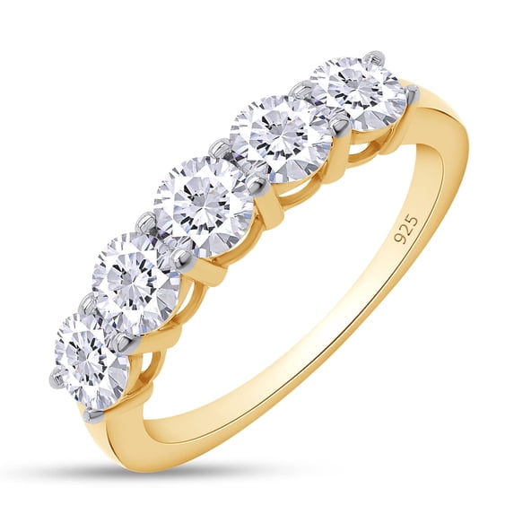 AFFY 5 Stone Moissanite Ring 1.2cttw Round Lab Created Diamond 14K Yellow Gold Plated 925 Sterling Silver Stackable Rings For Women-6.5