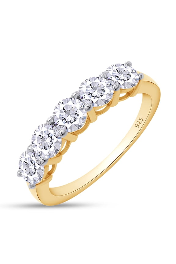 5 Stone Moissanite Ring 1.2cttw Round Lab Created Diamond 14K Yellow Gold Plated 925 Sterling Silver Stackable Rings For Women-7.5