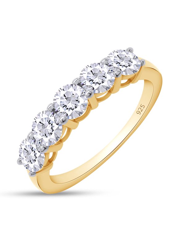 5 Stone Moissanite Ring 1.2cttw Round Lab Created Diamond 14K Yellow Gold Plated 925 Sterling Silver Stackable Rings For Women-7