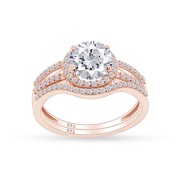 AFFY 6MM Round Moissanite Diamond Halo Bridal Ring Set for Women 14K Rose Gold over Silver-6.5
