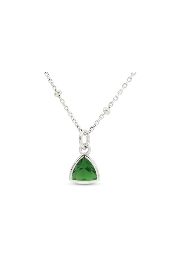 6MM Trillion Shape Simulated Emerald Bezel-Set Dainty Solitaire Pendant Necklace 14k White Gold Plated 925 Sterling Silver with 16"+2" Beaded Chain