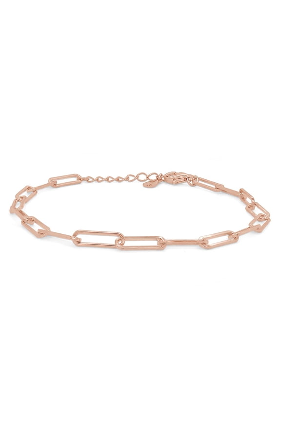 7" Length +1" Adjustable Paper Clip Chain Bracelet In 14K Rose Gold Plated 925 Sterling Silver Jewelry For Women
