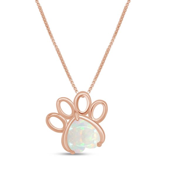 AFFY 7MM Heart Cut White Created Opal Paw Print Pendant Necklace In 14K Rose Gold Plated 925 Sterling Silver Along With 18"+2" Adjustable Chain