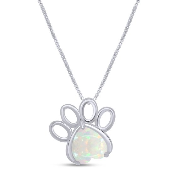 AFFY 7MM Heart Cut White Created Opal Paw Print Pendant Necklace In 14K White Gold Plated 925 Sterling Silver Along With 18"+2" Adjustable Chain