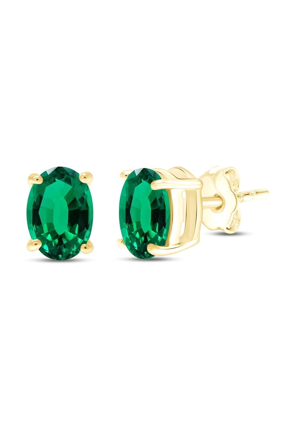8X6MM Oval Shape Birthstone Simulated Emerald Solitaire Stud Earrings With Friction Back for Women In 14K Yellow Gold Over Sterling Silver (VVS1- VVS2 Clarity)