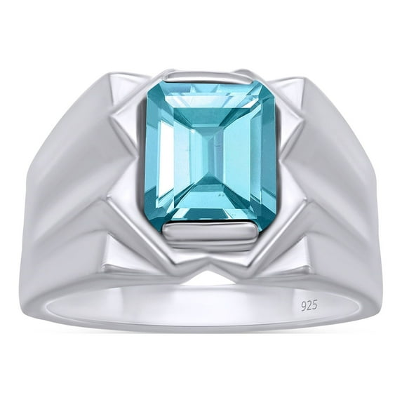 AFFY 8x10 mm Simulated Birthstone Men's Ring Aquamarine In 14K White Gold Plated 925 Sterling Silver. Ring Size 11