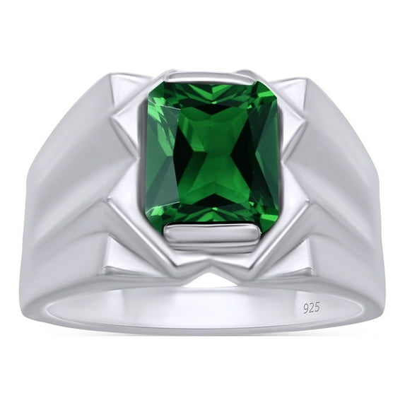 AFFY 8x10 mm Simulated Birthstone Men's Ring Emerald In 14K White Gold Plated 925 Sterling Silver. Ring Size 13
